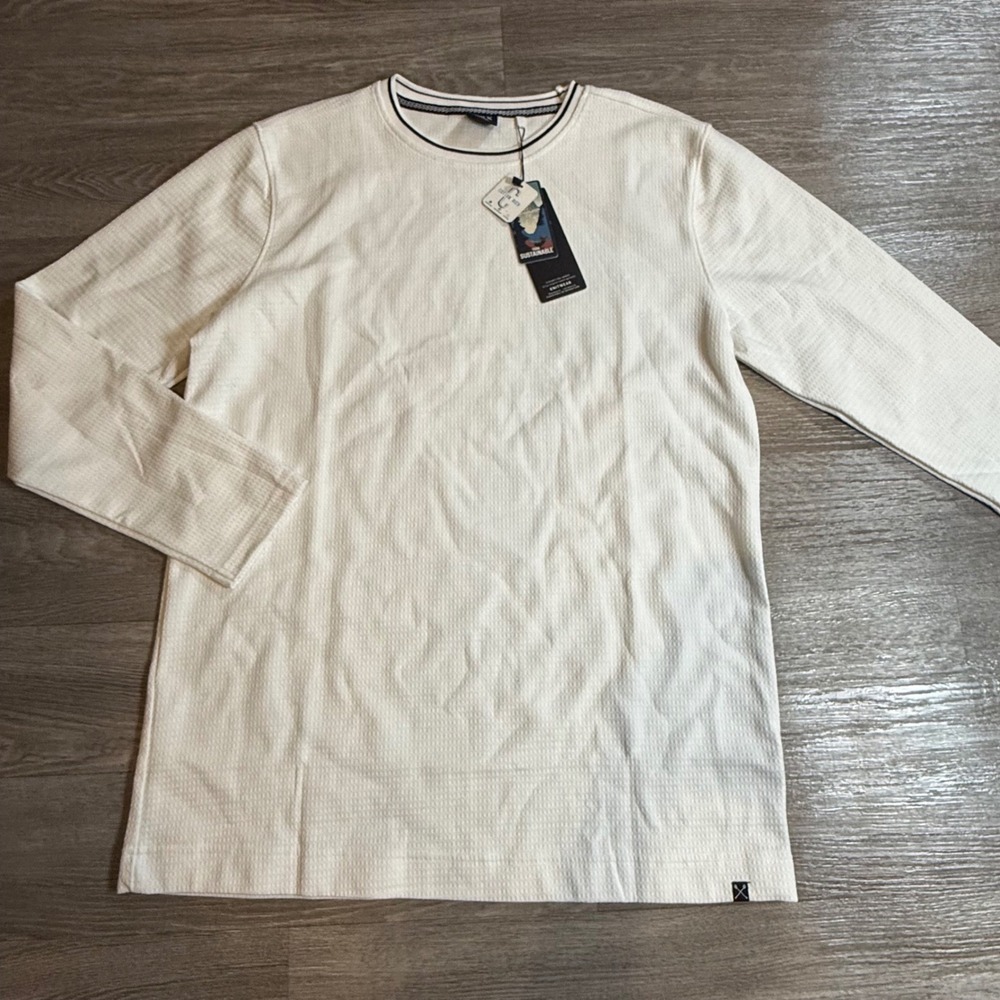MBX Men's White Long Sleeve Textured Knitwear Crew Neck Casual‎ Shirt Size M